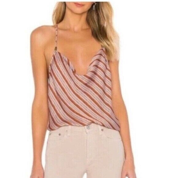 Free People | Stevie Asymmetrical Stripe Satin Cowl Neck Tank Top Boho Retro XS - Picture 1 of 8